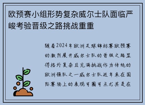 欧预赛小组形势复杂威尔士队面临严峻考验晋级之路挑战重重