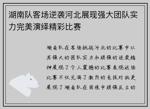 湖南队客场逆袭河北展现强大团队实力完美演绎精彩比赛