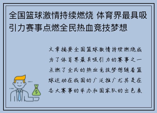 全国篮球激情持续燃烧 体育界最具吸引力赛事点燃全民热血竞技梦想