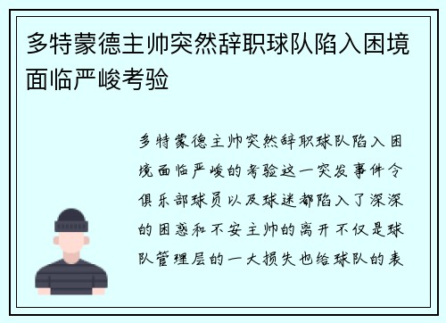 多特蒙德主帅突然辞职球队陷入困境面临严峻考验