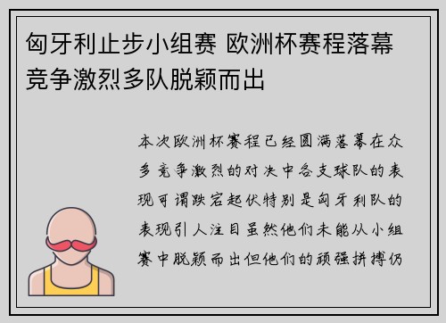 匈牙利止步小组赛 欧洲杯赛程落幕 竞争激烈多队脱颖而出