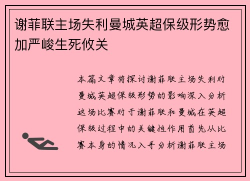 谢菲联主场失利曼城英超保级形势愈加严峻生死攸关